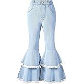OYOANGLE Girl's Elastic Waist Flared Leg Denim Pants Raw Trim Bell Bottom Jeans with Pockets