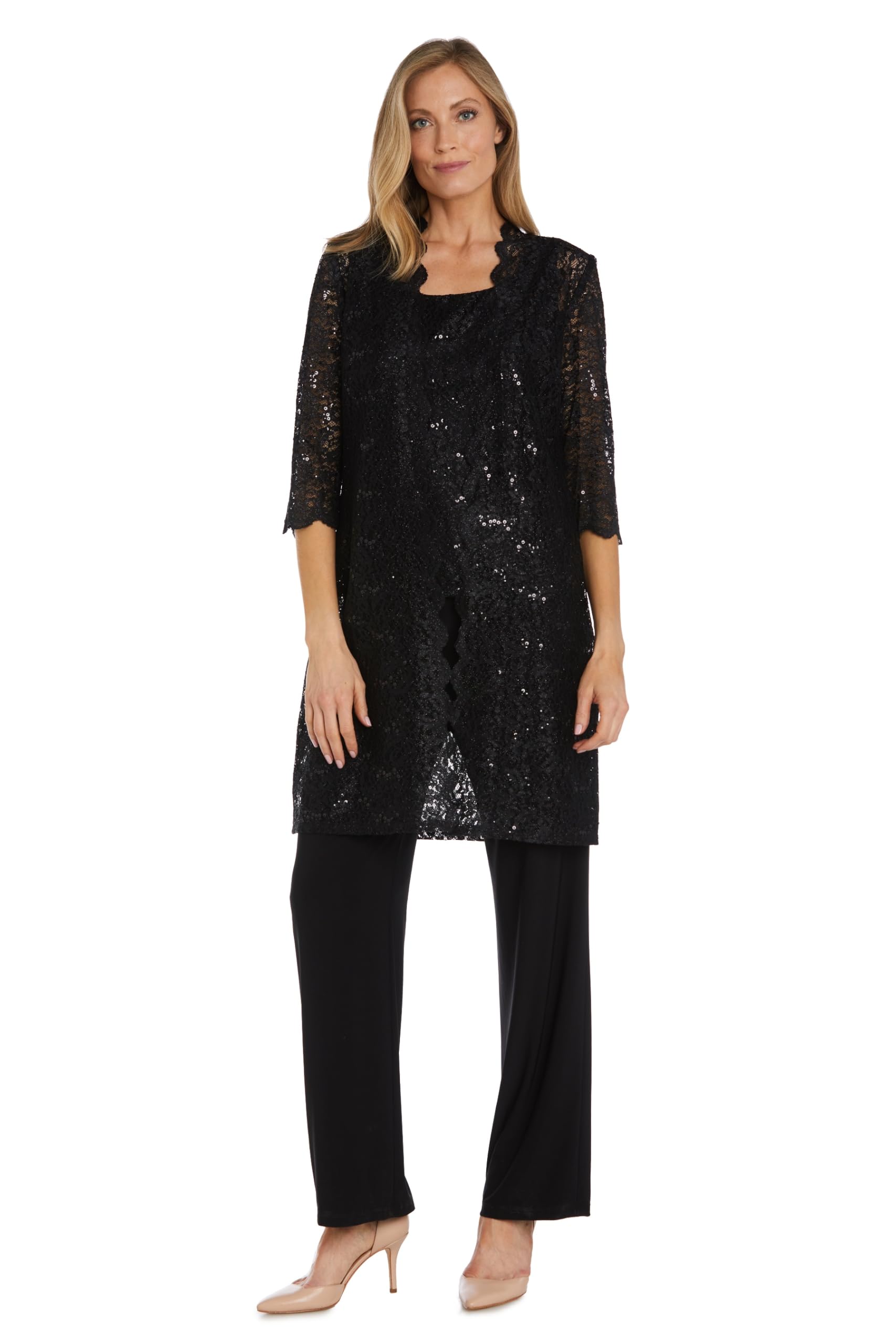 R&M Richards Women’s Plus Size Scallop Lace Duster Pant Set, Black