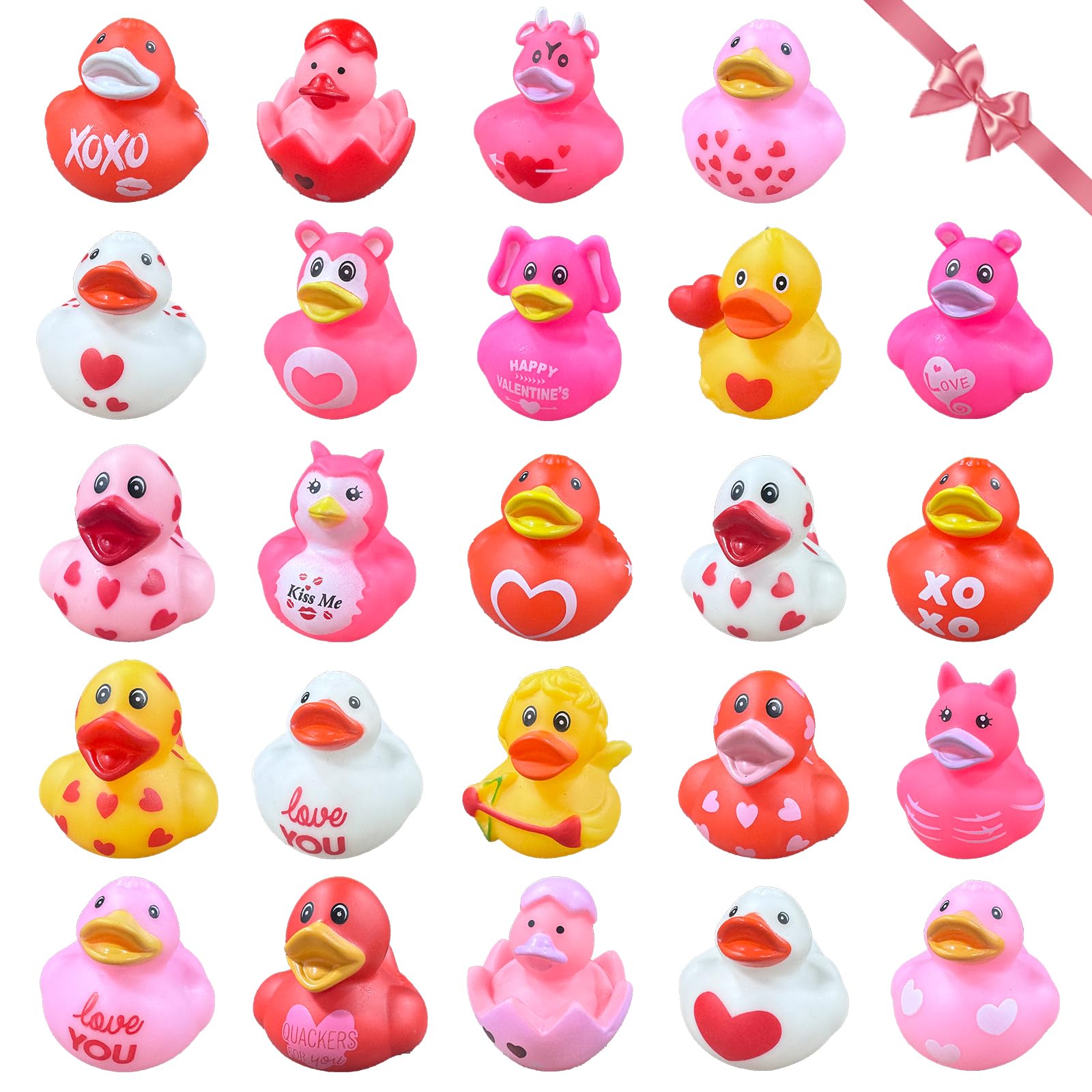 24Pcs Valentines Ducks,Valentine’s Day Heart Rubber Ducks for Kids,2 Inch Assorted Duckies in Bulk for Valentine Party Favors Supplies Decoration,Classroom Exchange Prizes