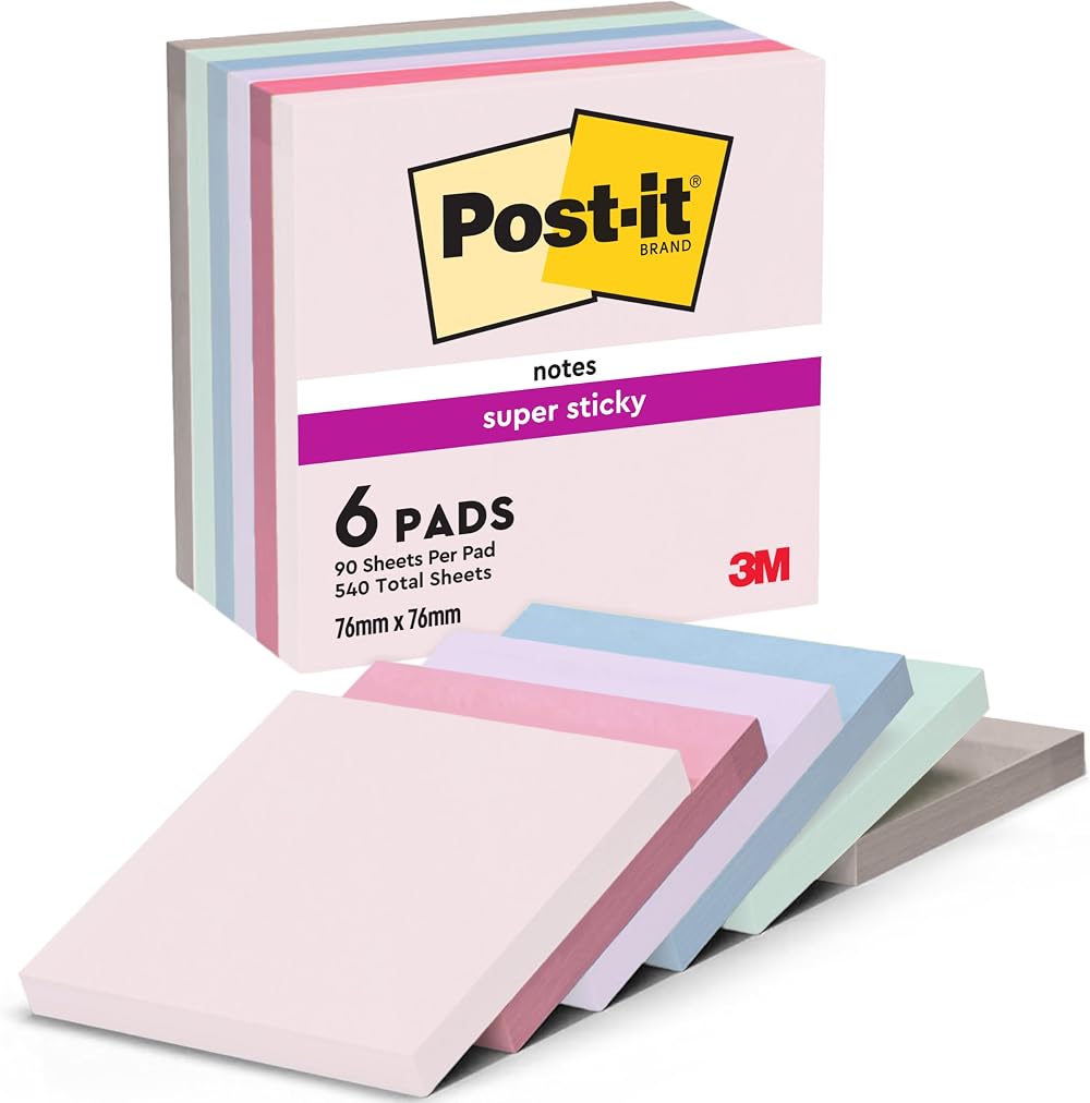 Post-it Super Sticky Notes Pack of 6 Pads 540 Sheets 76x76 mm Blue Green Grey