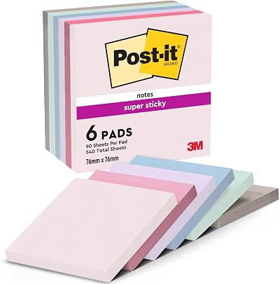 Post-it Super Sticky Notes Pack of 6 Pads 540 Sheets 76x76 mm Blue Green Grey