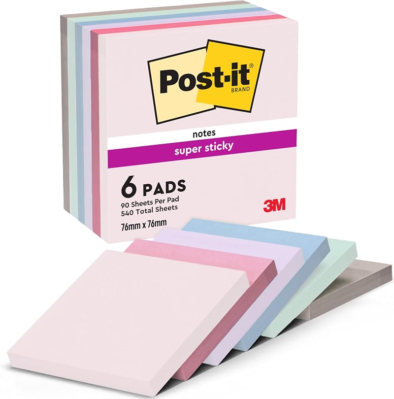 Post-it Super Sticky Notes Pack of 6 Pads 540 Sheets 76x76 mm Blue Green Grey