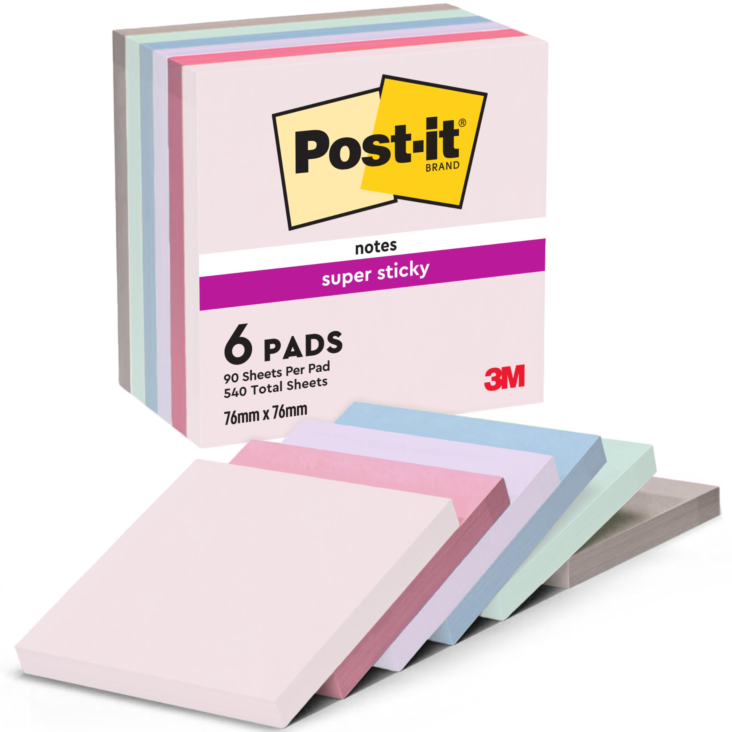 Post-it Super Sticky Notes, 540 Sheets, Pack of 6 Pads, 76 mm x 76 mm - Holds Strong to Many Surfaces - Blue, Green, Grey, Pink, Purple - for Walls, Monitors and Fridge, Recycable — image 1