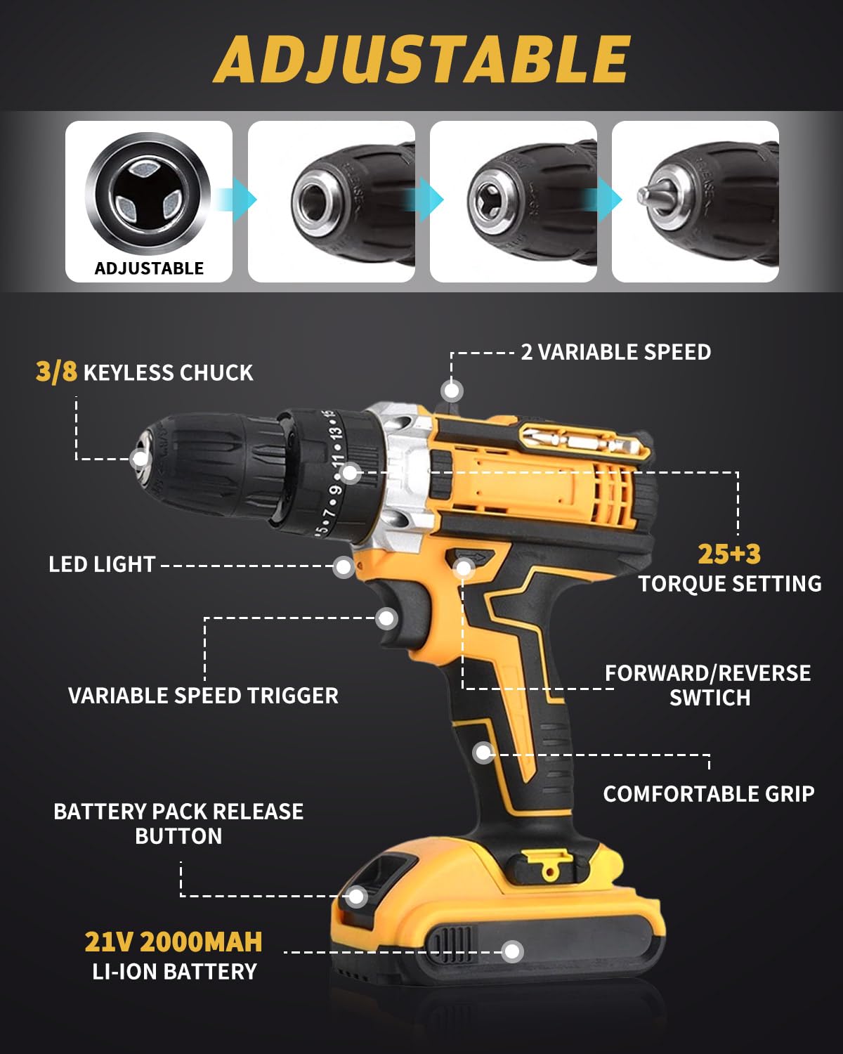 KALAHOL Cordless Drill Set 21V, 99PCS Electric Screwdriver Set with 2 Batteries 2000mAh, 25+3 Torque Cordless Hammer Drill, 42N.m Max, 2 Speed, LED Work Light for Home and Garden DIY Project