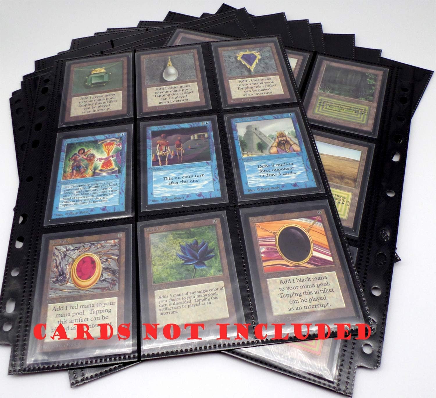 Feuilles à Pochettes Latérales Noires - 100 Pages 11 Trous Pour Cartes Magic, Pokémon, Yu-Gi-Oh! - Format 210x290 Mm