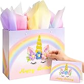 Crisky Unicorn Birthday Bags for Girls with Card & Tissue Paper, Birthday Gift Bags for Kids Baby Daughter Bday Party Decorations Gift Ideas
