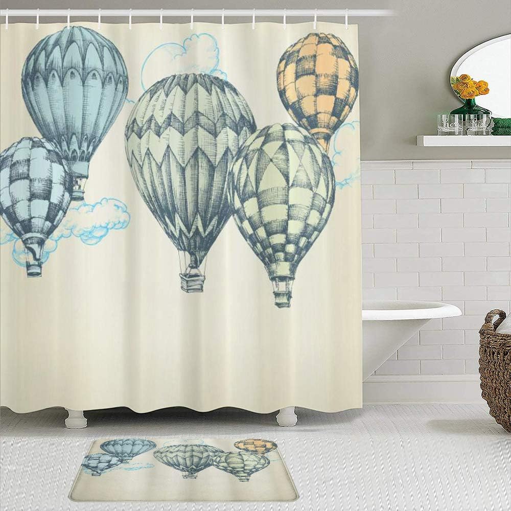 LISNIANY Duschvorhang Badezimmermatten Set，Vintage Heißluftballons und
