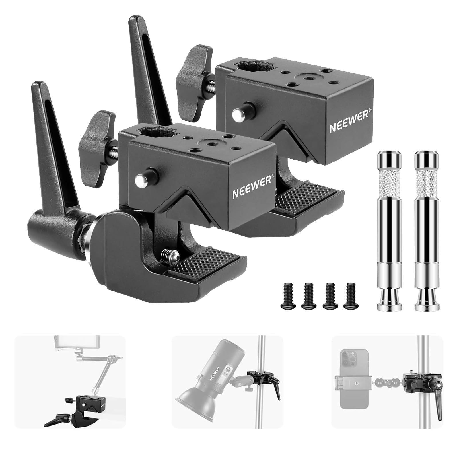 Photo 1 of NEEWER 2 Pack Super Clamp with 5/8" Stud, Spring Lock, 2.4" Jaw Grip Heavy Duty Crab Pole Clamp for Round Pipe Flat Surface, for Photography Studio Camera Lighting Mounting, Max Load 33lb/15kg, UA017
