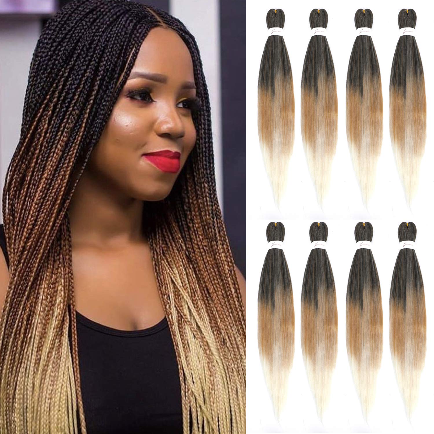 Originea 8 Packs Pre Stretched Braiding Hair 26 inch Yaki Texture EZ Braids Extensions Hair for Braiding Hot Water Setting Synthetic Hair Extensions (#1B/27/613)