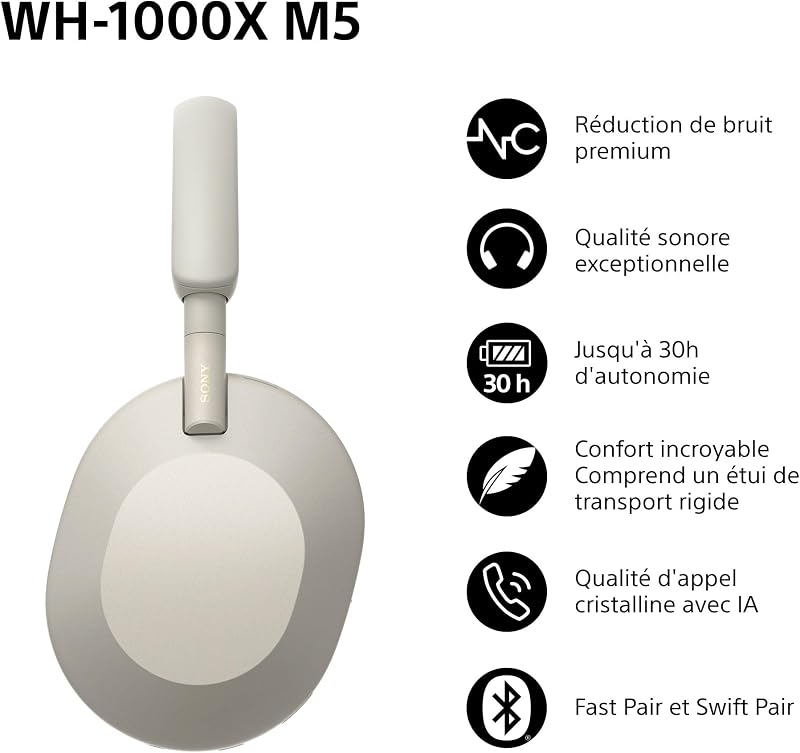 WH-1000XM5 - Étui Rigide, Casque sans Fil Haut de Gamme à réduction de Bruit, Bluetooth, qualité d'appel Claire, Audio Hi Res, 30h d'autonomie, étui Rigide, iOS et Android - Rose