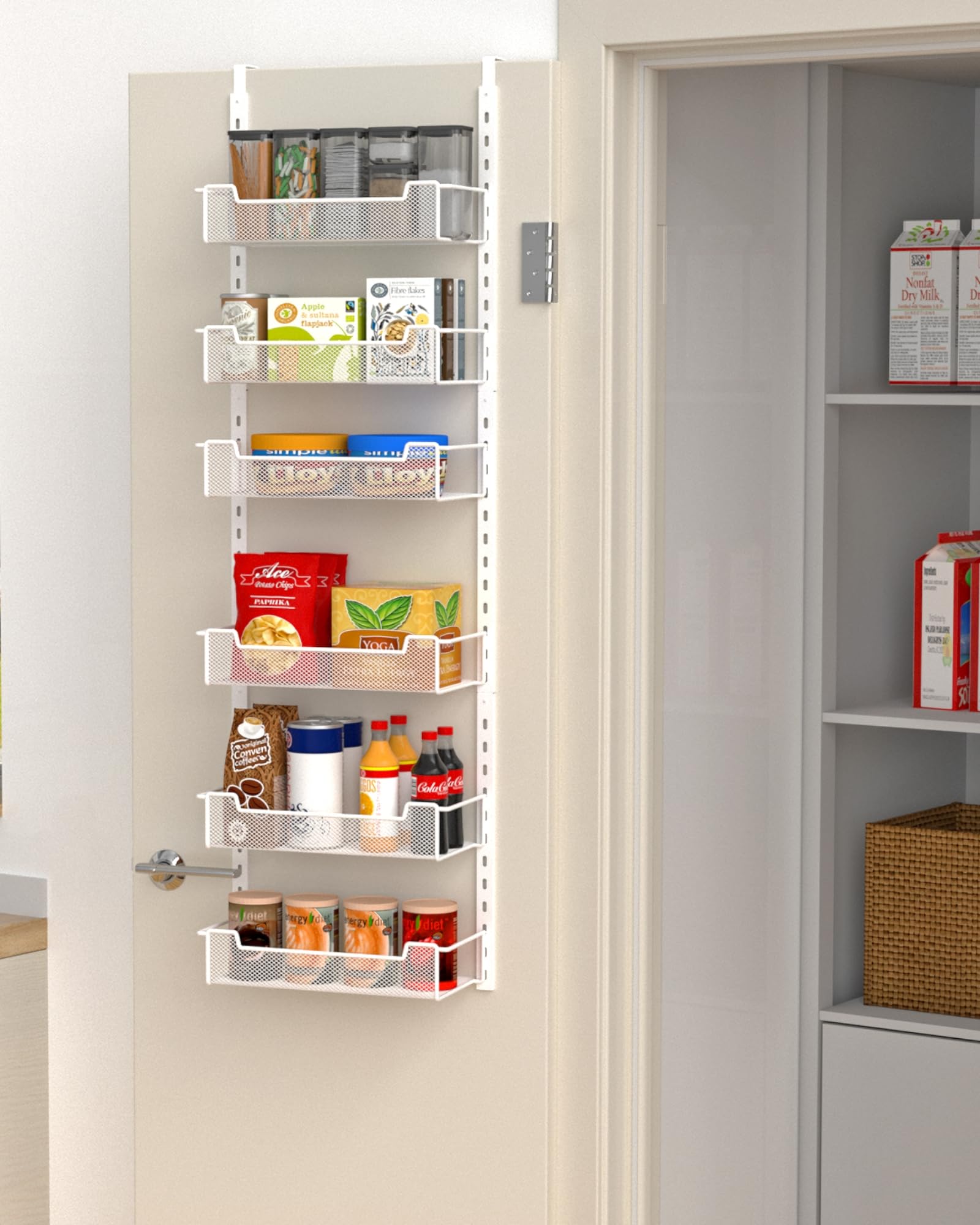 Photo 1 of VyGrow 12.3" W Narrow Over the Door Pantry Organizer, 6-Tier Over the Door Organizer with Adjustable Basket, Pantry Door Organization for Pantry Kitchen Storage Room Spice Rack, White