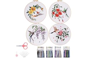 ECYANER Embroidery Kit for Beginners,4 Sets Hummingbird Cross Stitch Kit Adult with Flower Pattern Starter Hand Embroidery wi