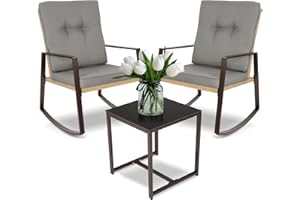 YIYAN 3 Piece Bistro Set Outdoor Patio Rocking Wicker Chairs, Patio Outdoor Furniture Conversation Sets with Porch Chairs,Coffee Table and Washable Cushion(Gray)