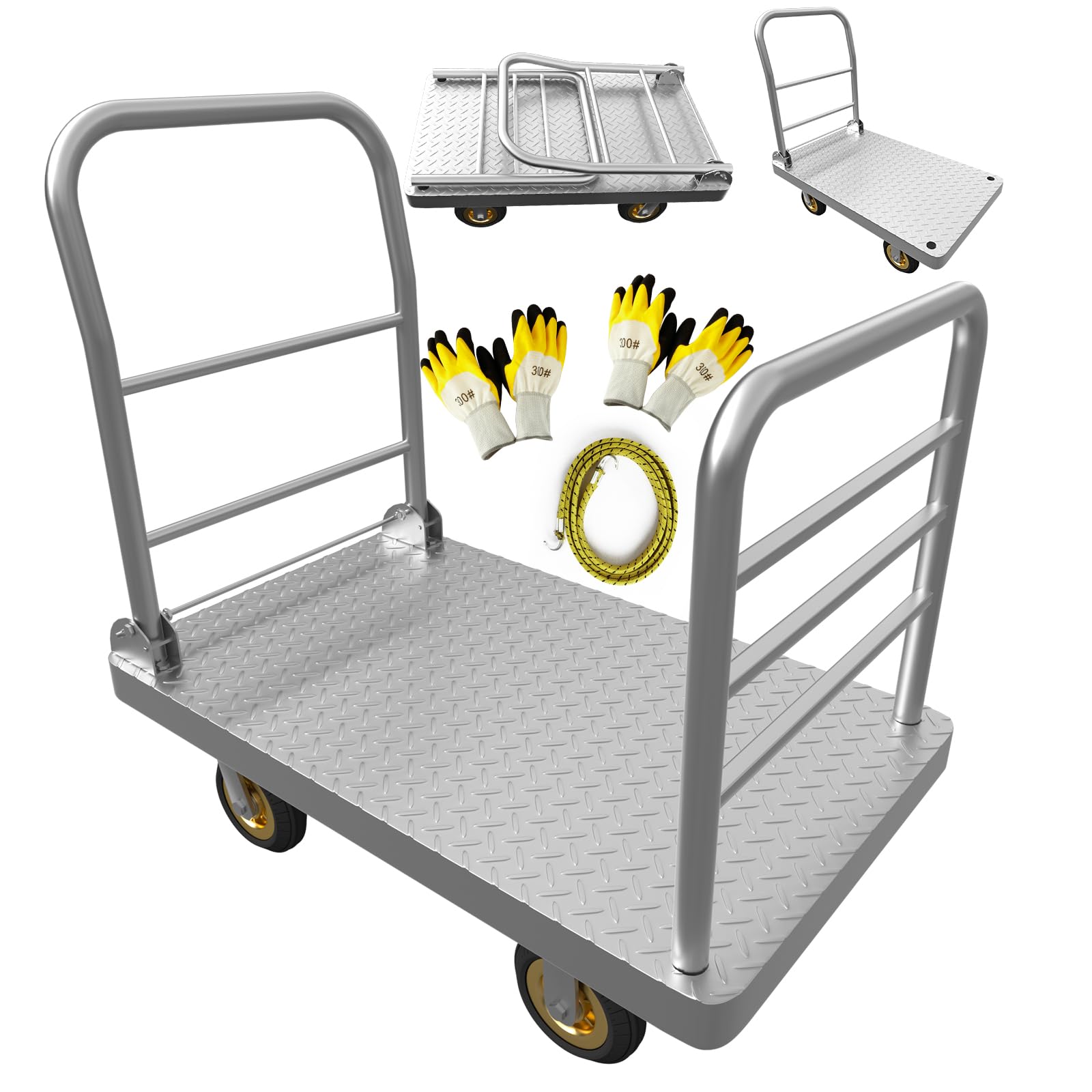 Photo 1 of /*** NEW ** Lomive 2IN1 42"×25" Platform Truck Cart 2200lbs Heavy Duty Flatbed Cart Dolly w/Detachable Rear Guardrail and Swivel Casters, Push Cart, Work Gloves 2Pairs & 1 Bunge Cord Included