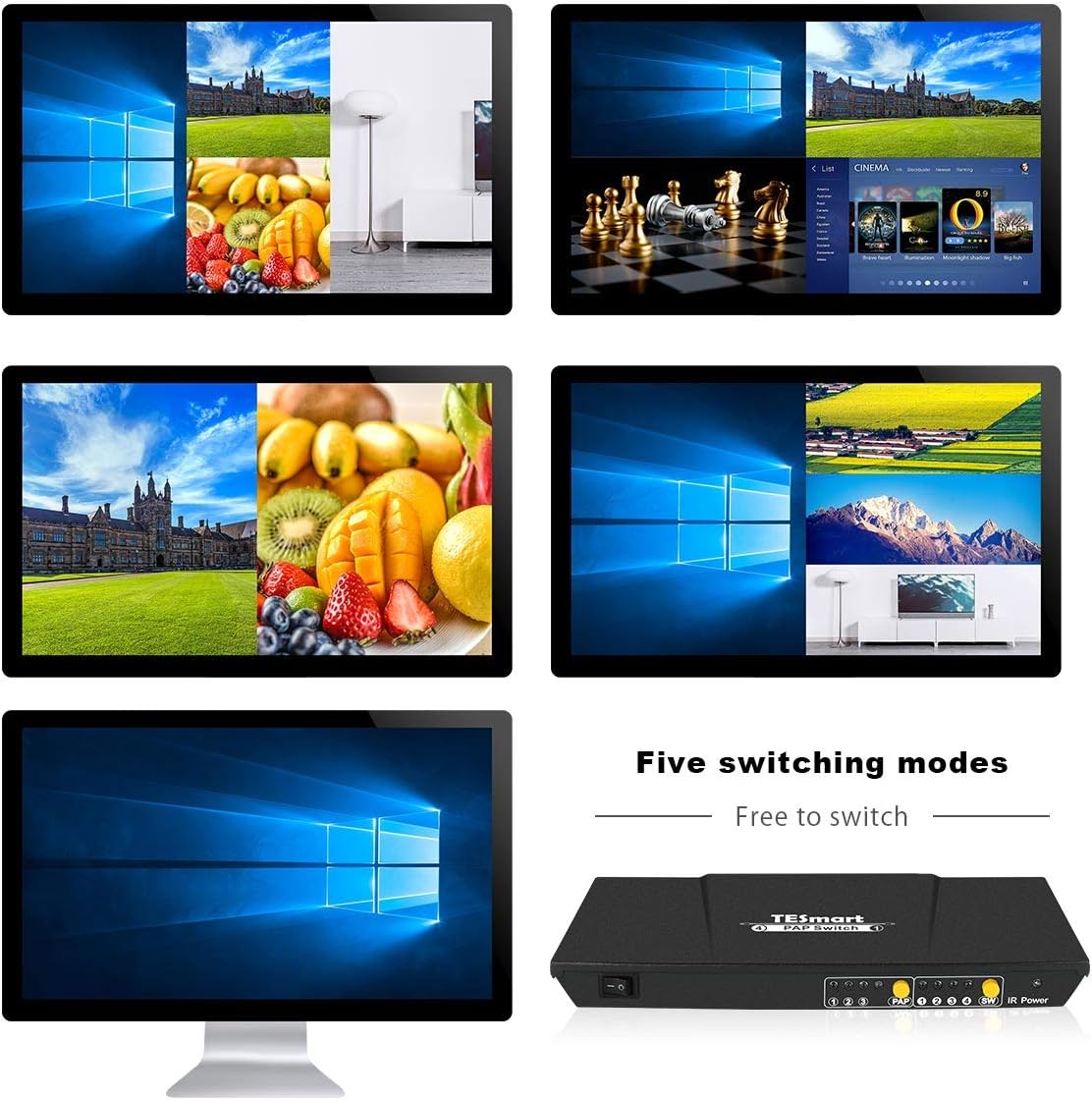 TESmart HDMI Switch 4X1 Quad Screen Multi-Viewer Splitter Seamless Switcher with 5 Display Modes IR Remote, Support 1080P@60Hz 4 in 1 Out(Black): Home Audio & Theater