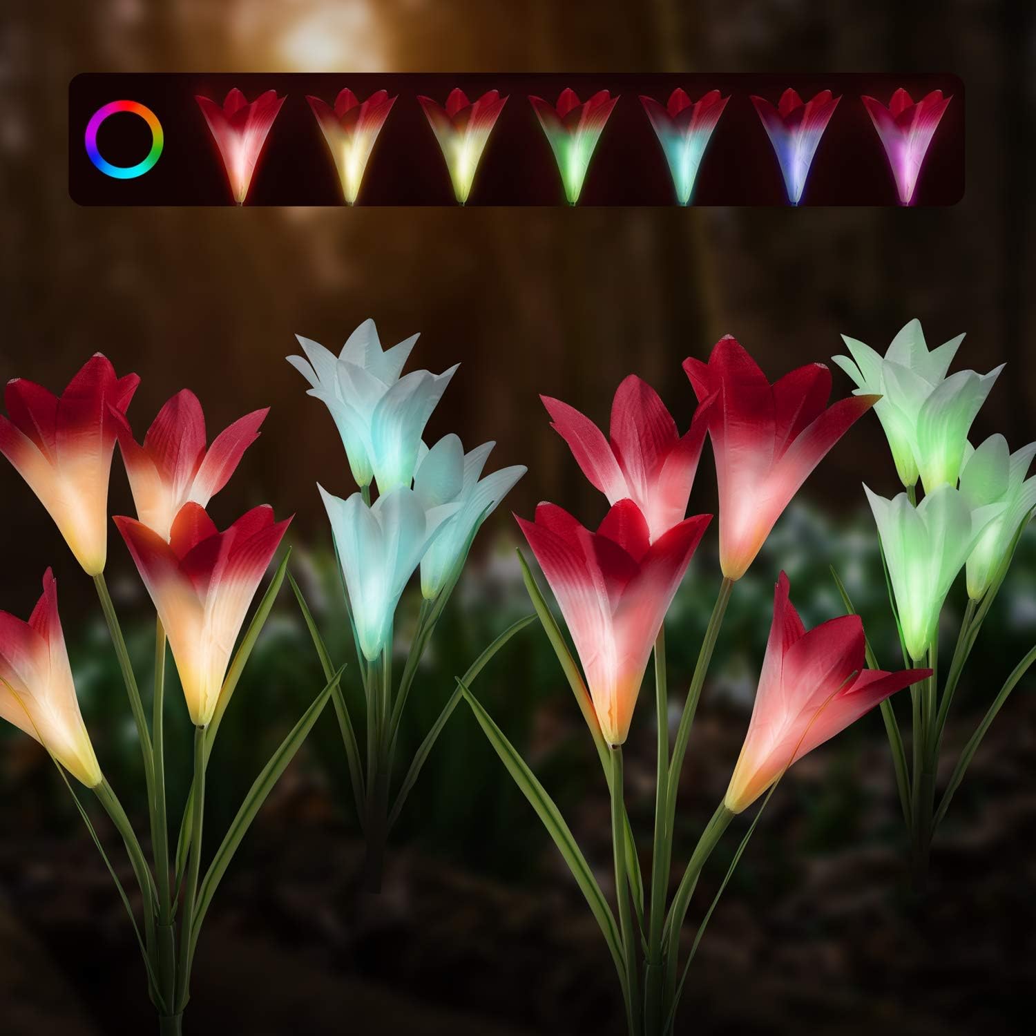 muscccm Solar Lights Outdoor- 2 Pack New Upgraded Solar Garden Lights with 8 Lily Flowers Petals,7 Colors Changing IP65 Waterproof Decorative Lights for Backyard Patio Lawn Front Yard(White and Pink)
