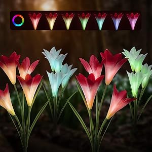 muscccm Solar Lights Outdoor- 2 Pack New Upgraded Solar Garden Lights with 8 Lily Flowers Petals,7 Colors Changing IP65 Waterproof Decorative Lights for Backyard Patio Lawn Front Yard(White and Pink)