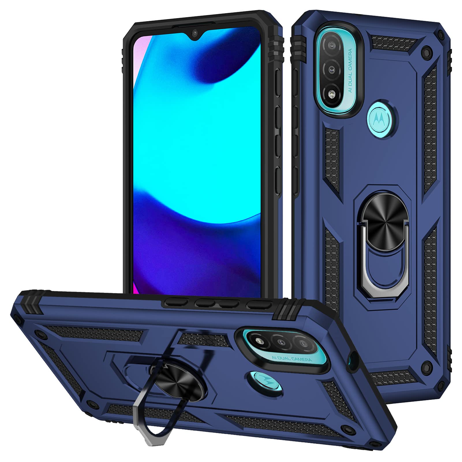 SHYXGLON for Motorola E20 Case, Moto E20 Cover with Screen Protector Armor Silicone Shockproof Double Layer Military Grade Ring Holder Bracket Kickstand Case for Motorola Moto E20 (Blue)