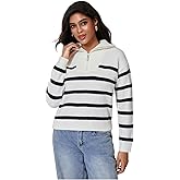 RoseSeek Women's Striped Quarter Zip Pullover Top Long Sleeve Knit Collared Sweaters