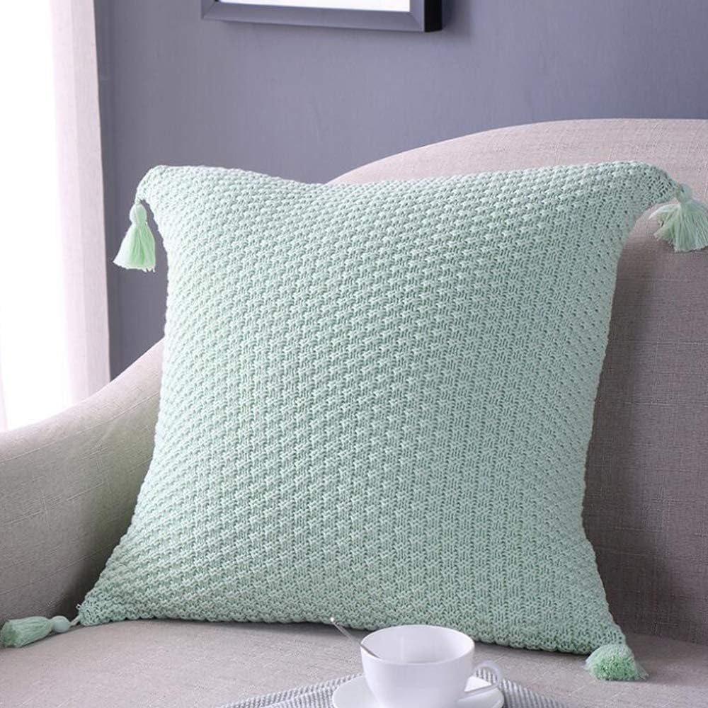 Knitting Cotton Throw Pillow Cushion Cover Case with Tassel 45x45cm Square Mint Green