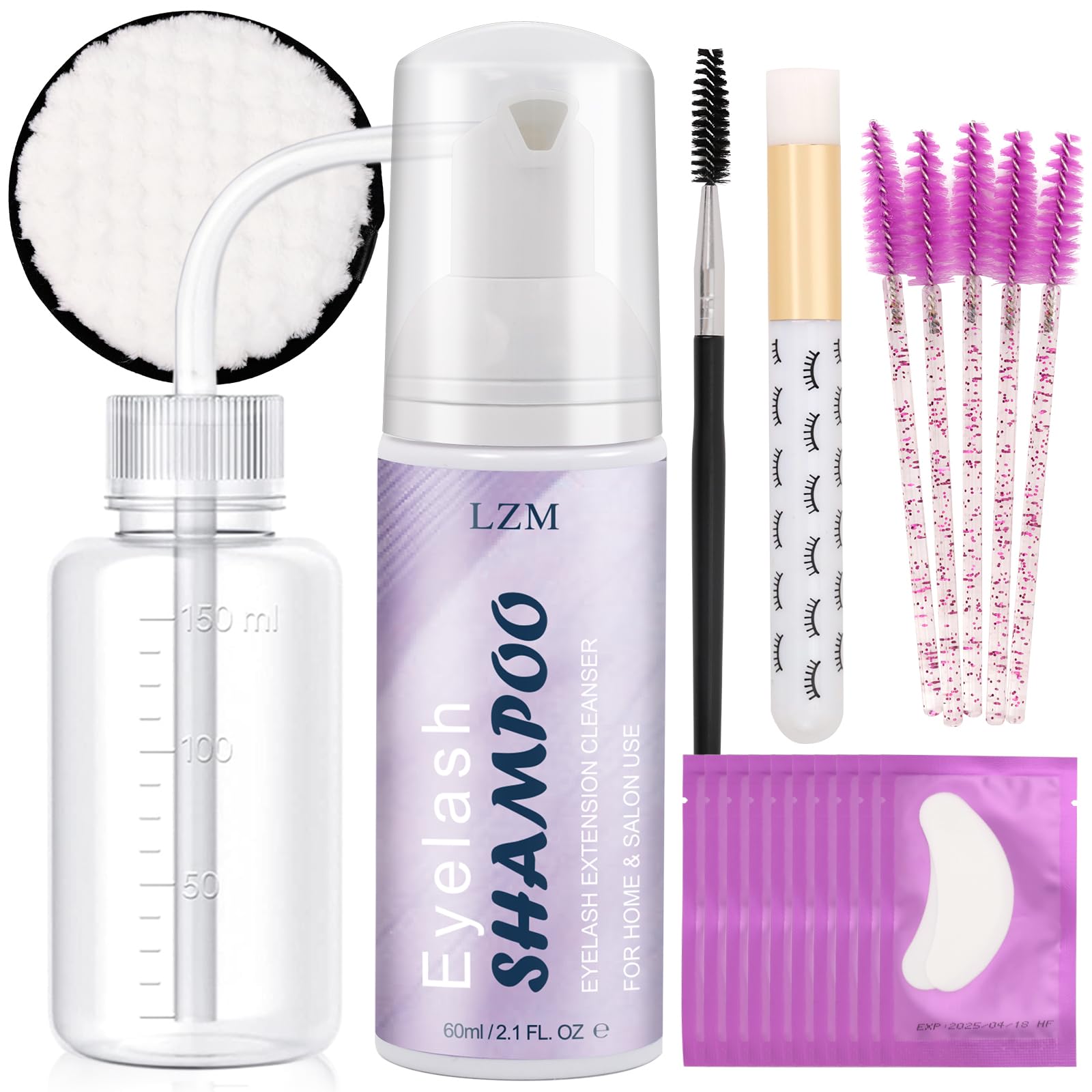LZM Lash Shampoo for Lash Extensions 60Ml Eyelash Shampoo with Lash Brush + Rinse Bottle Lash Cleanser Paraben & Oil Free Eyelash Cleanser for Eyelash Extensions for Salon and Home Use