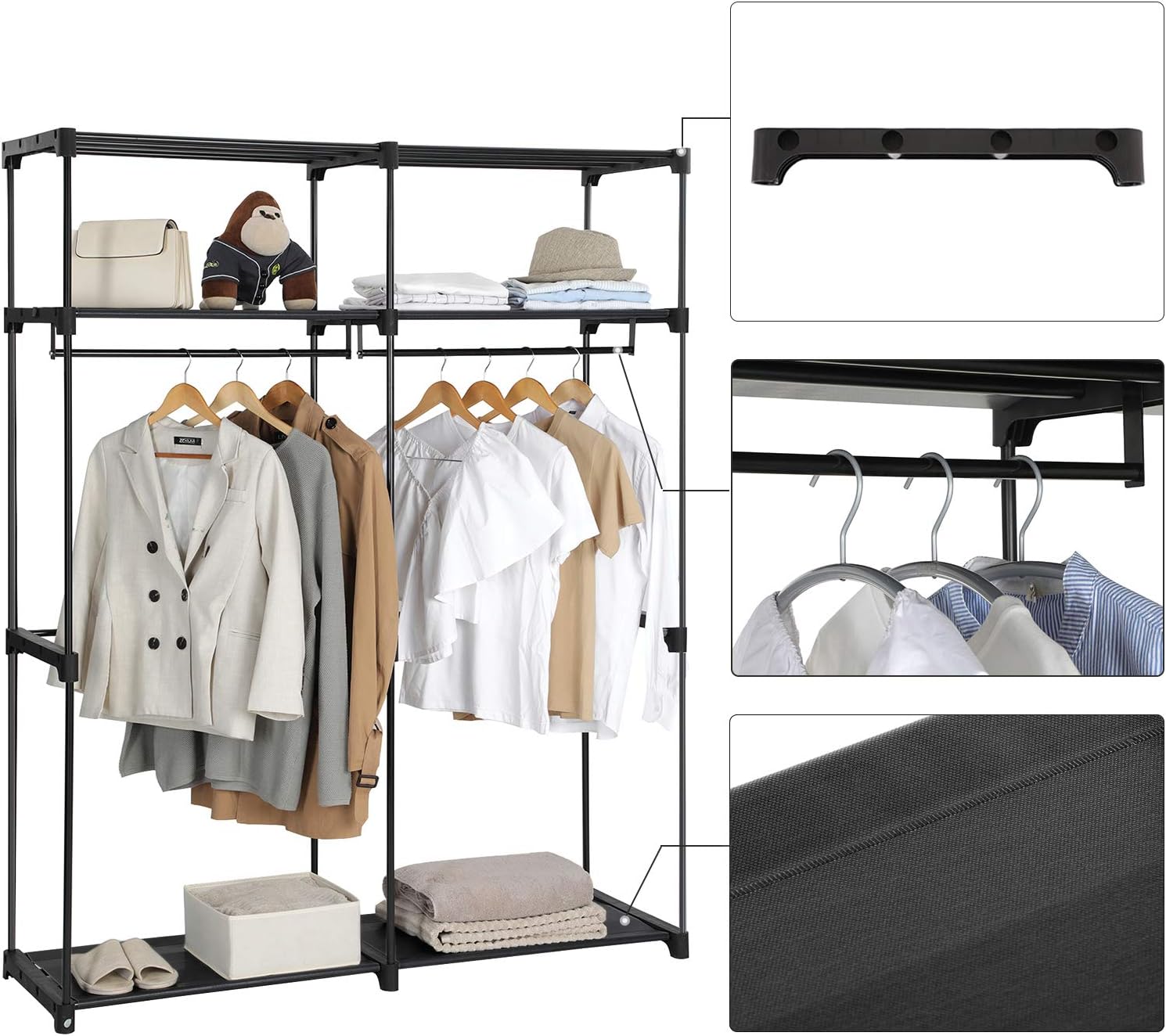 SONGMICS Wardrobe, Clothes Storage for Bedroom with 2 Rails, Fabric Portable Wardrobe, Collapsible, Rack - Image 5