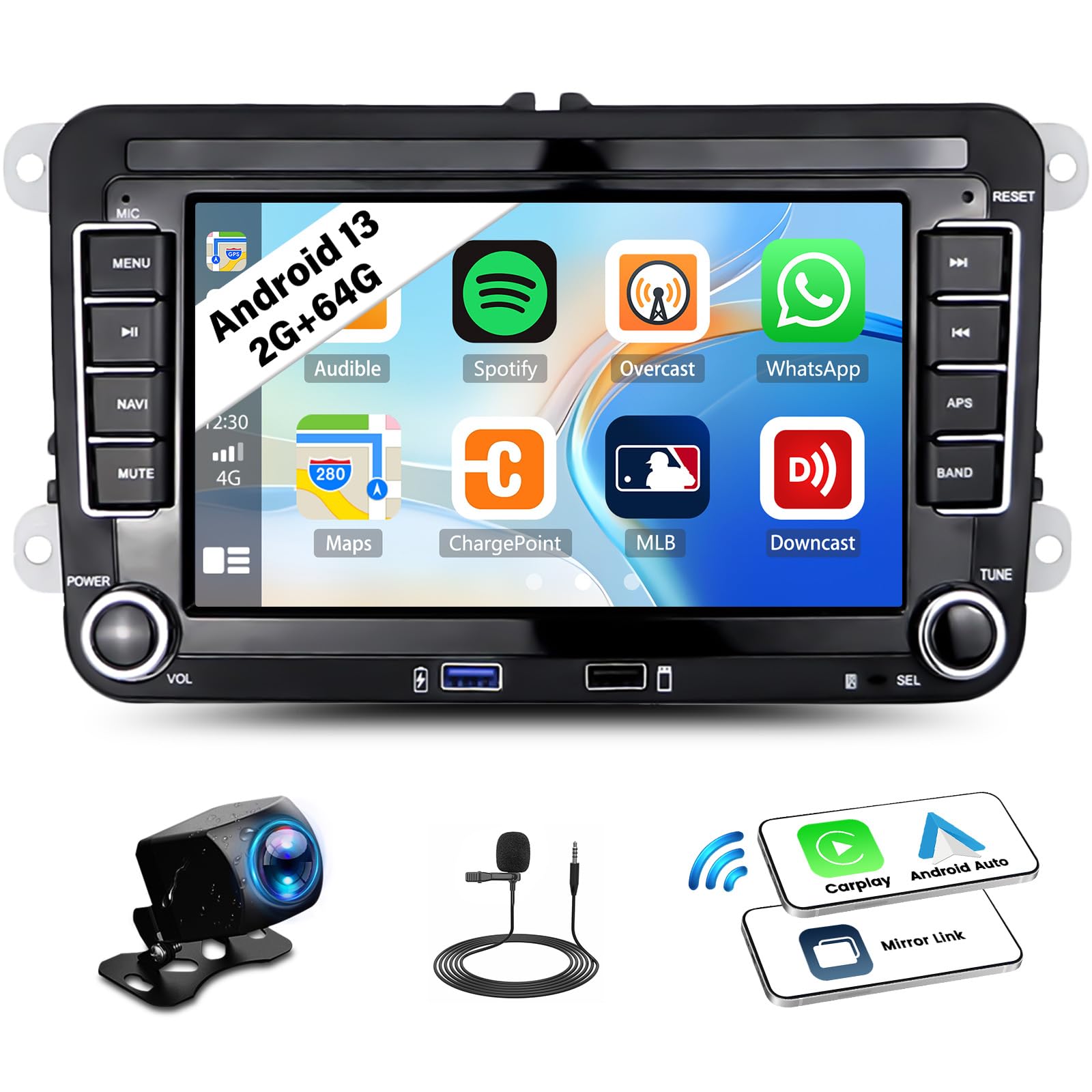 2G+64G CAMECHO Android 13 Car Stereo for VW Passat Jetta Seat Golf Skoda Polo Tiguan Seat Skoda, 7” TouchScreen Car Radio with Wireless Carplay Android Auto GPS WiFi Bluetooth FM HiFi SWC+ Rear Camera