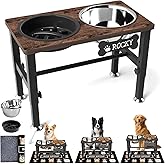 SHAINFUN Elevated Dog Bowls with Slow Feeder &amp; Mat for Medium and Large Dogs, 12" Tall Adjustable Wooden &amp; Metal Raised Dog Bowl Stand, 2 Stainless Steel 58oz Bowls for Food &amp; Water