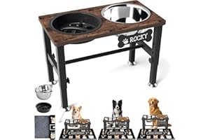 SHAINFUN Elevated Dog Bowls with Slow Feeder & Mat for Medium and Large Dogs, 16" Tall Adjustable Wooden & Metal Raised Dog Bowl Stand, 2 Stainless Steel 58oz Bowls for Food & Water