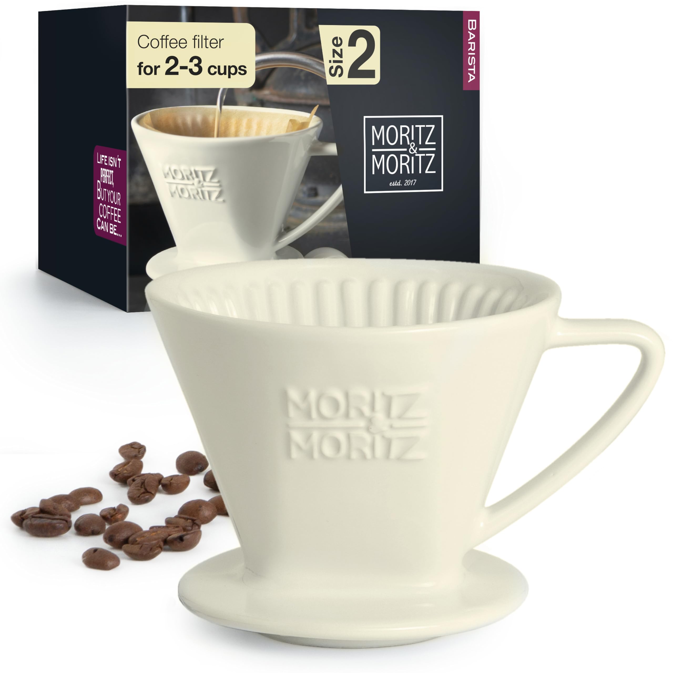 Moritz & Moritz Coffee Dripper Ceramic Size 2 – Perfect Pour Over Coffee – Classic White Porcelain Filter Cone for Rich Aroma