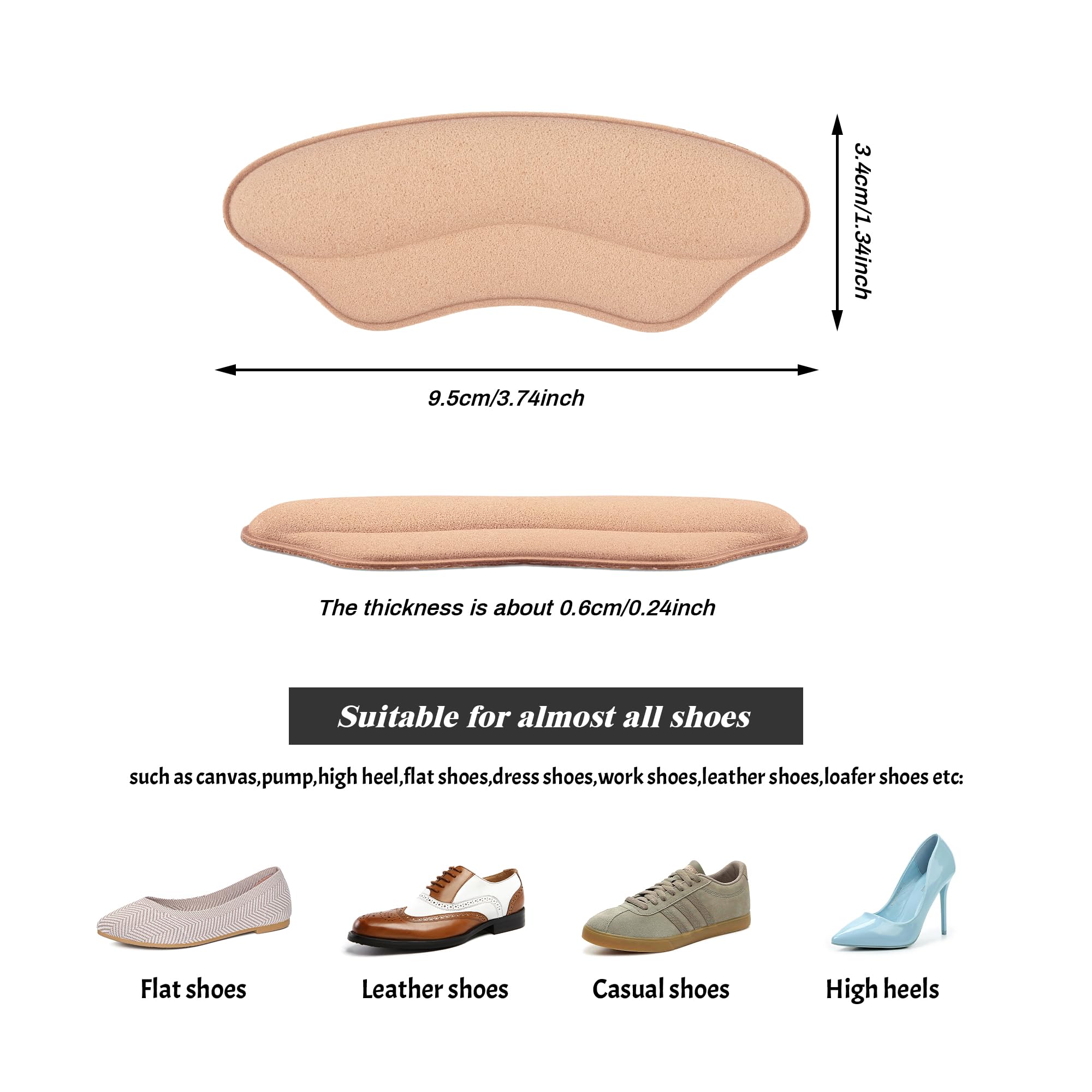 MATIE FIX Heel Grips Liner Cushions Inserts for Loose Shoes, Heel Pads Snugs for Shoe Too Big Men Women, Filler Improved Shoe Fit and Comfort, Stop Heel Slip and Blister (4 Pairs) (H Pale Apricot+Black)