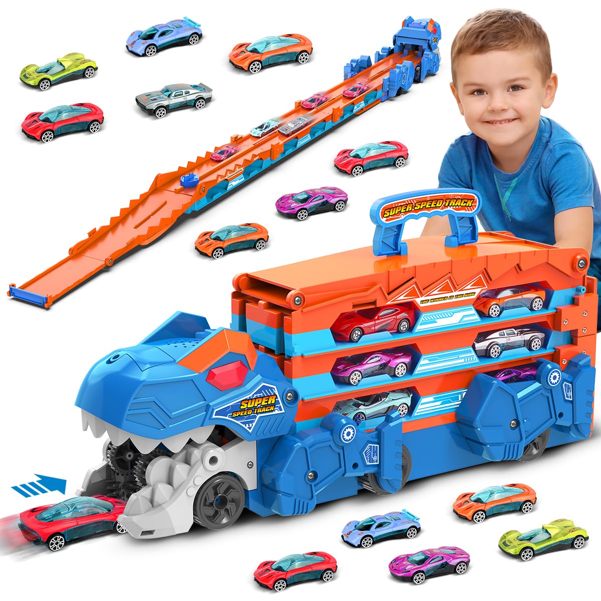 VATOS Dinosaur Transport Truck Car Toy - 2 In 1 Ejection Folding Track Toys with Sound, Portable Truck Car Toy with 8 Race Cars, Best Gift Carrier Vehicles Toys Set for Kids for Boys 3-5 Years Old