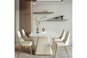 Wohh Dining Table, White Sintered Stone Tabletop Dining Room Table, Modern Striped Base Marble Tables for Dining Room Set for 6-8