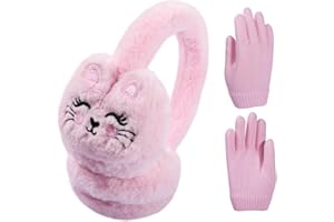 KDVOG Girls Ear Muffs and Gloves Set, Cute Cat Earmuffs Winter Plush Ear Warmer Outdoor Ear Covers for Kids