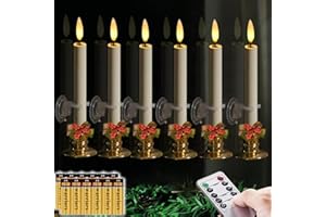 NONNO & ZGF 6 Pack Flameless 8.7'' Window Candles with 12 AA Batteries(Include) +6 Bows(with Bells) +6 Suction Cups+6 Golden Candleholders. Battery Powered Ivory Taper Candle with Remote and Timer