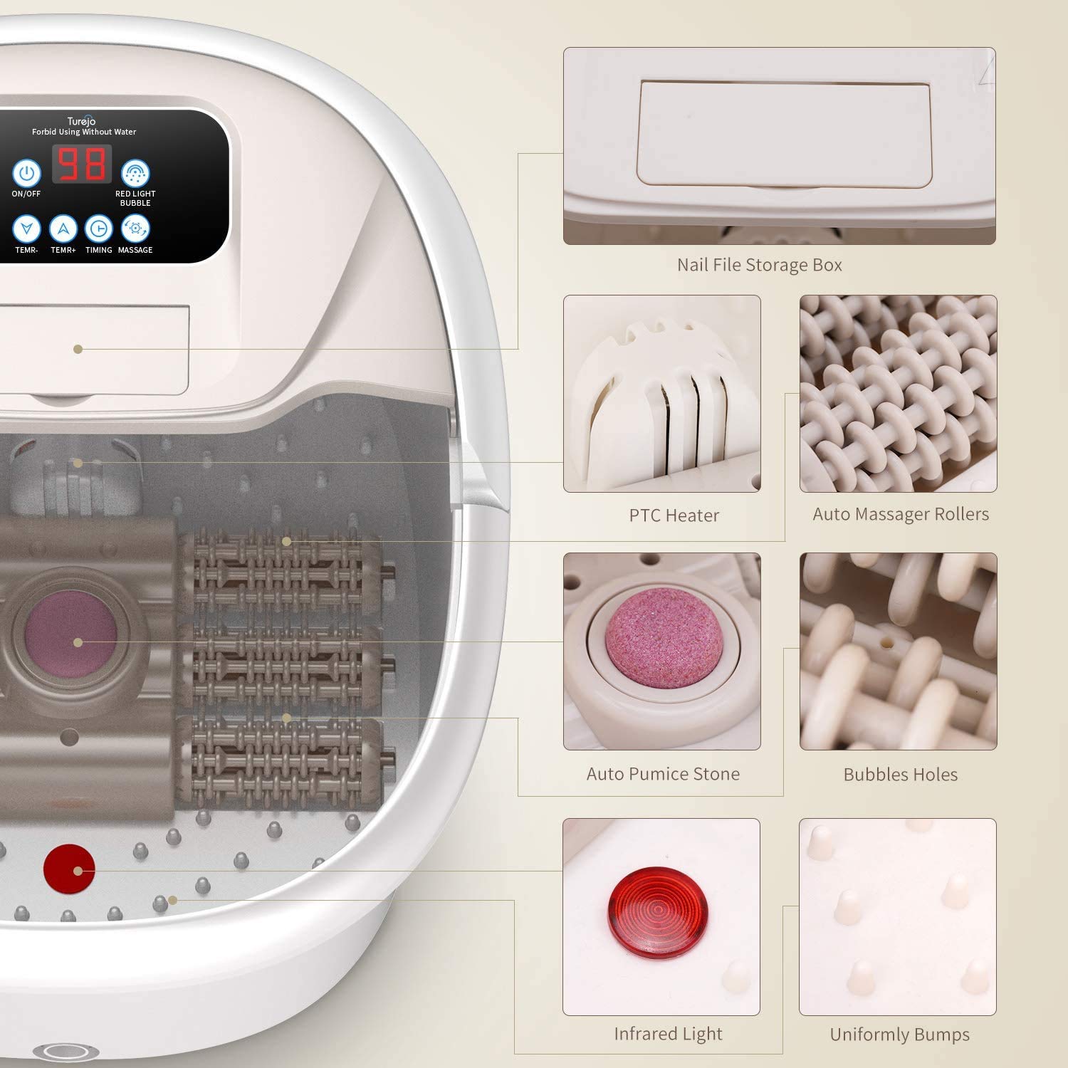 Turejo Foot Spa Bath Massager with Heat Bubbles, Upgraded 6 Automatic Massage Rollers & Pedicure Attachments, Pumice Stone, Time & Temprature Control, Soothe Your Tired Feet: Beauty