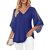 Bebonnie Womens Ruffle 3/4 Sleeve V Neck Double Layers Chiffon Blouses Dressy Tops