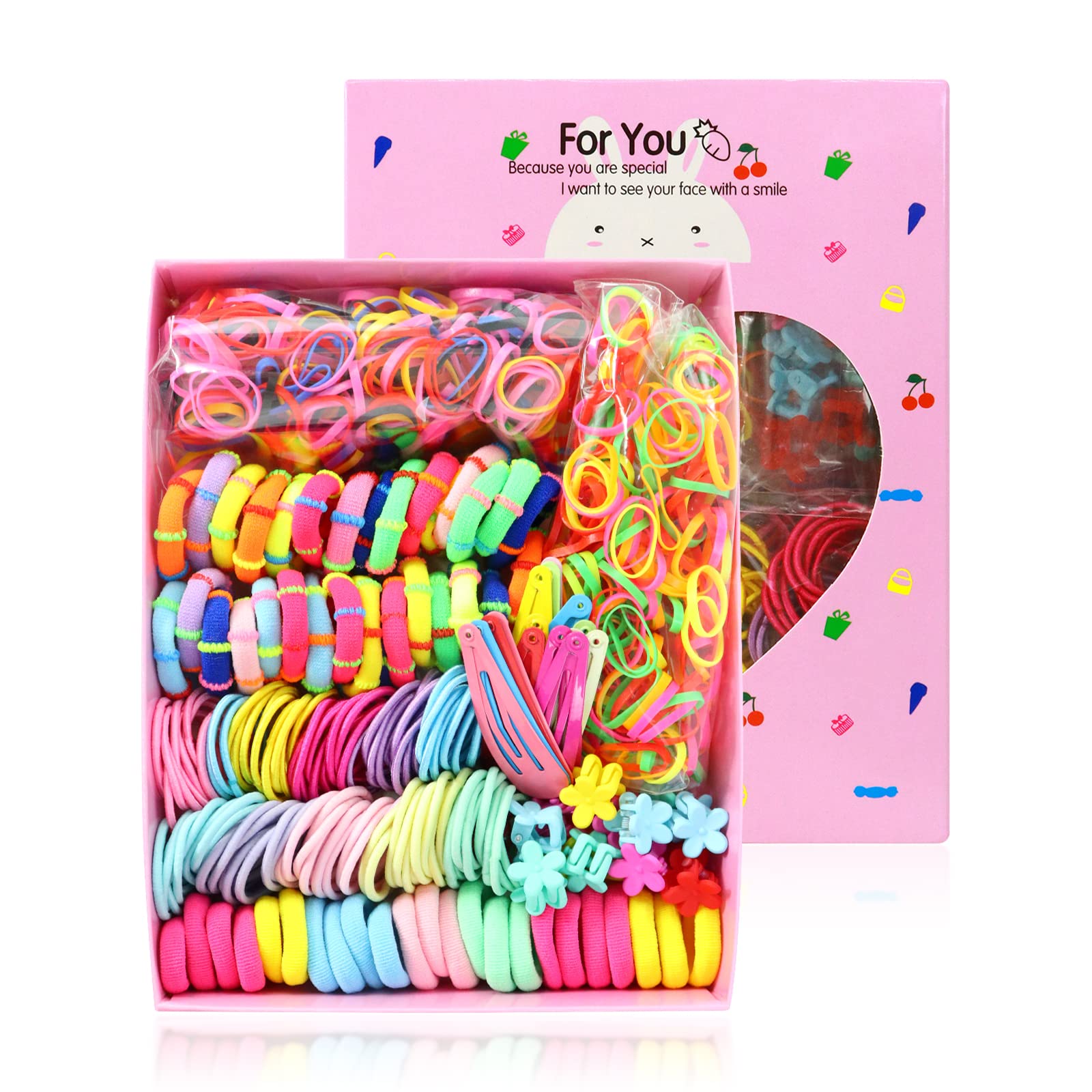 Qufiiry 830 Pcs Multi-colored Flower Hair Clip Set, Elastic Rubber Hair Ties and Clips for Kids and Little Girls, Random Color