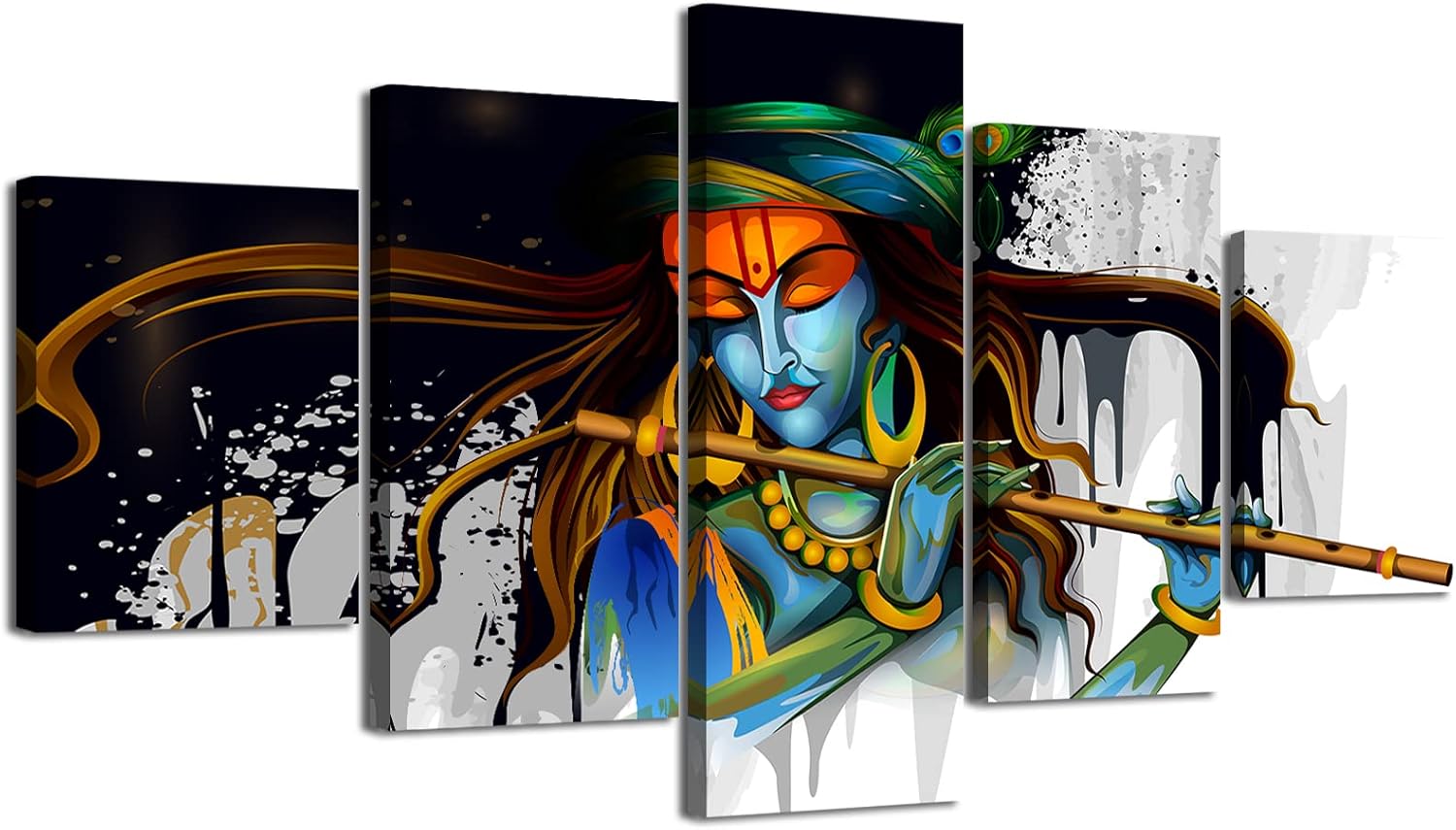 Paintings - DJSYLIFE Large 5 Piece Hindu God Krishna Wall Decor Canvas Printed for Living Room Decorative Indian Painting Modern Home Decor Stretched and Framed Ready to Hang 60