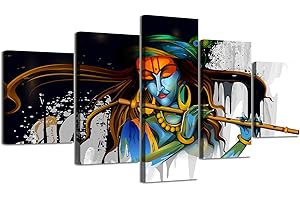 DJSYLIFE Large 5 Piece Hindu God Krishna Wall Decor Canvas Printed for Living Room Decorative Indian Painting Modern Home Decor Stretched and Framed Ready to Hang 60" Wx32 H