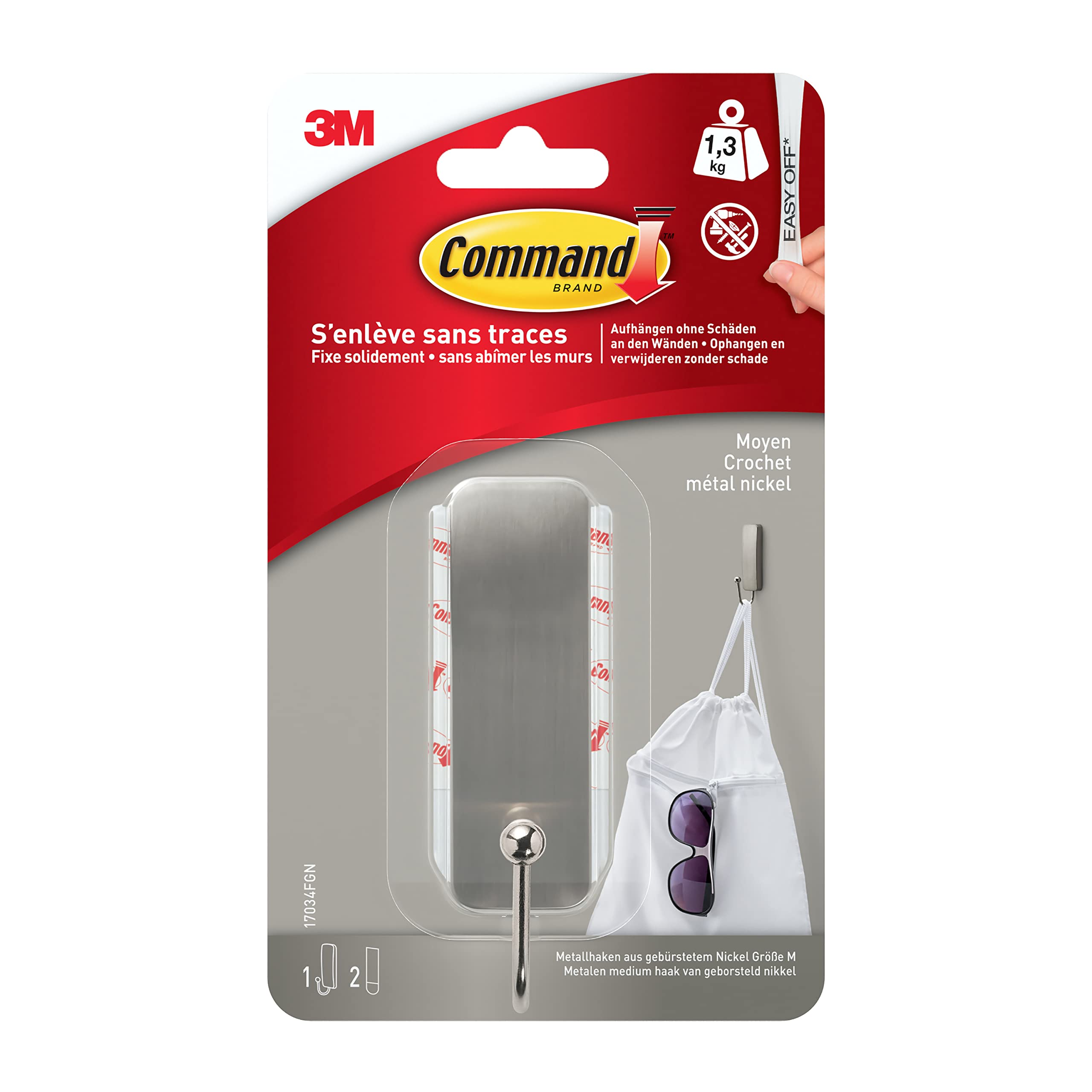 Command 17034FGN Nickel Medium Brushed Metal Hook 17034 1 Hook 2 Strips