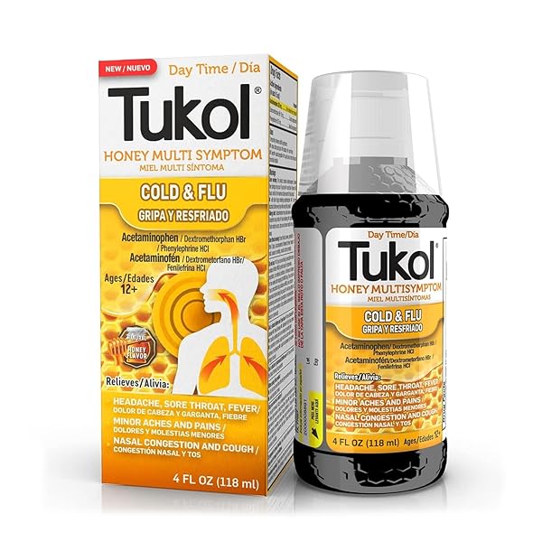 TUKOL HONEY MULTI-SYMPTOM COLD & FLU MEDICINE FOR ADULTS – DAYTIME COUGH SUPPRESSANT, SORE THROAT RELIEF, NASAL CONGESTION, FEVER REDUCER, CHEST CONGESTION RELIEF, AGES 12+, 4 FL OZ