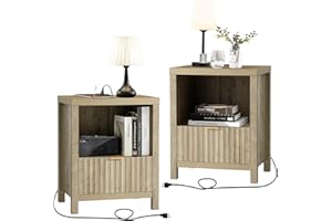 OAKHAM HOME Night Stand Set of 2, Fluted Nightstand with Charging Station Bed Side Table End Table with Drawer Storage Mid Century Wood Night Stands for Bedroom Living Room (Sunwashed Ash Oak)