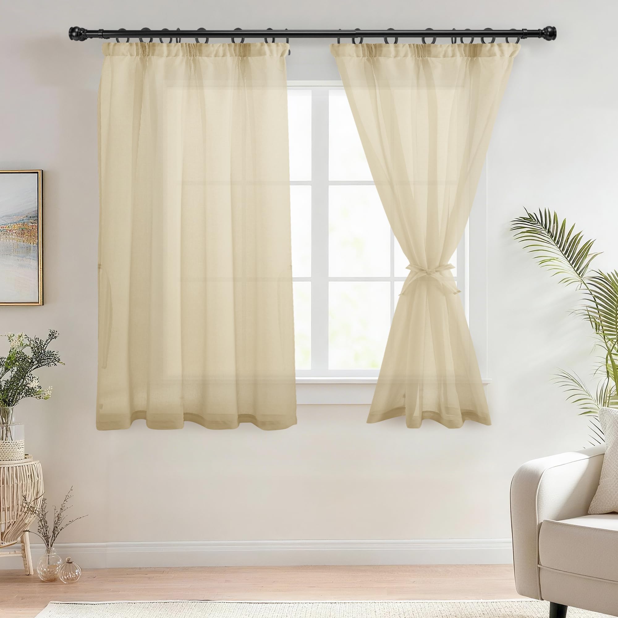 DWCN Beige Sheer Curtains with Tiebacks 54 Drop Semi Transparent Voile Curtains Pencil Pleat Curtain for Bedroom 54 Drop Rod Pocket Curtains for Living Room, 2 Panels, W46 x L54 Inch