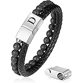 FOCOOG Leather Bracelets for Mens Gifts - Premium Genuine Leather Natural Lava Rock Adjustable Stainless Steel Magnetic Clasp Mens Initial Bracelet, Unique Gifts for Men Husband Dad Son