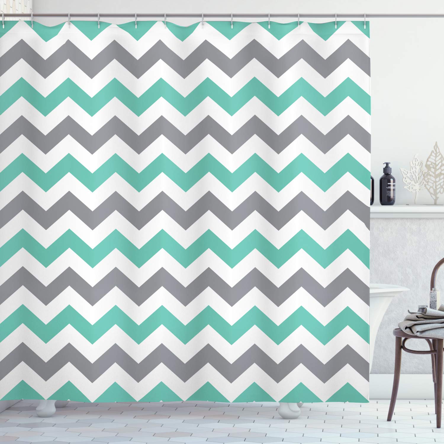 ABAKUHAUS Chevron Shower Curtain, Chevron Pattern Geometric Wavy Zigzag Herringbone Stripes Illustration, Cloth Fabric Bathroom Decor Set with Hooks, 86 Inches Extra Long, Seafoam Grey White — image 1