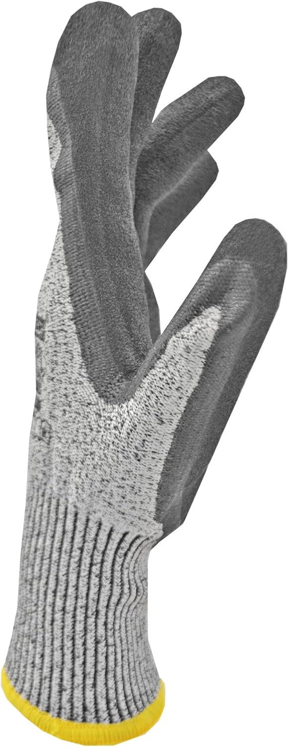 JORESTECH Safety Work Gloves Grey HPPE Knitted Fiber with Black Nitrile Sandy Finish Coating EN-388 Level 5 Pack of 12 GD-03 (Size 9-L) - - 