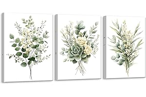 Zessonic Sage Green Botanical Wall Art, Watercolor Framed Canvas Prints Modern Green Plant White Floral Decor for Bedroom Living Room Bathroom Nursery, Set of 3, 12x16 Inch - Ready to Hang