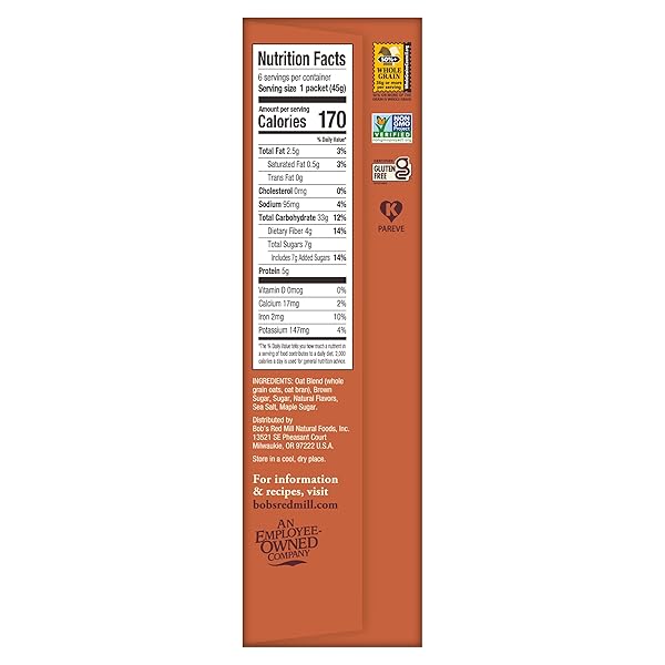BOB’S RED MILL INSTANT OATMEAL, MAPLE BROWN SUGAR, 6 PACKETS TOTAL, NON-GMO, GLUTEN FREE, WHOLE GRAIN