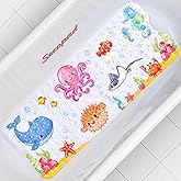 Bath Mat for Tub Non Slip, Machine Washable Anti Slip Cartoon Baby Bathtub Shower Mat with Drain Holes and Suction Cups for Toddler & Kids, 40 Inch x 16 Inch-Rectangular, Pink Octopus